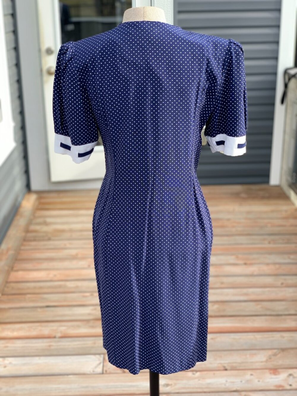 Vintage Polka Dot Shirtwaist Dress S/M Navy White Button Modest Rockabilly Pinup - Picture 6 of 16
